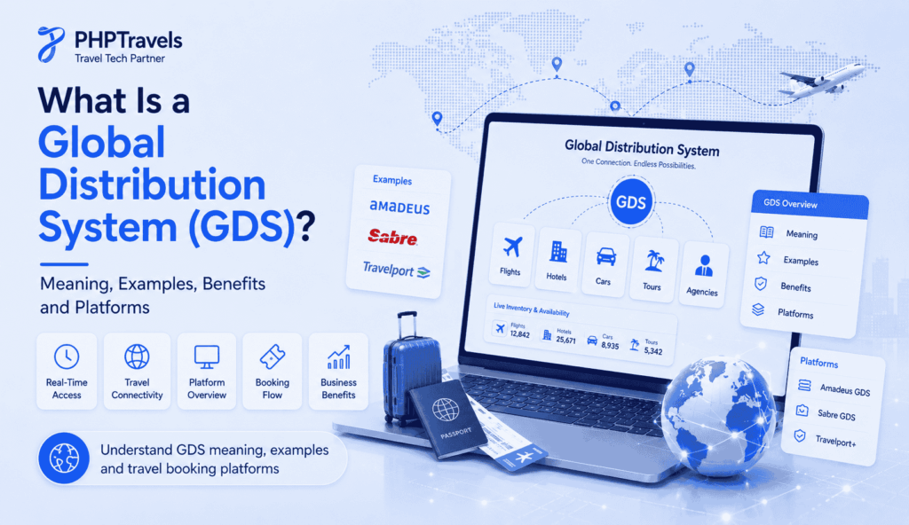 Global Distribution System GDS featured image showing PHPTravels travel technology dashboard with flights, hotels, cars, tours and GDS platform examples.