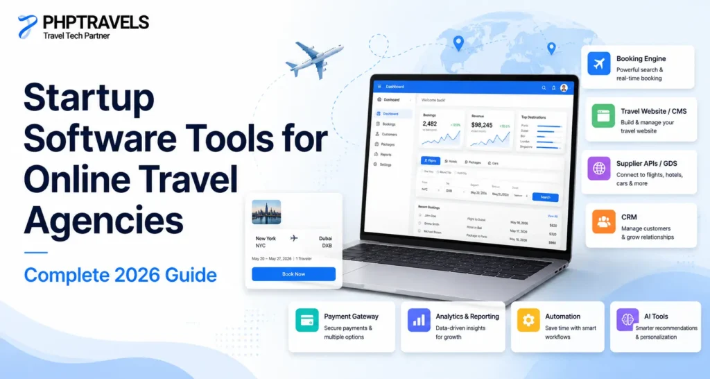 Startup software tools for online travel agencies in 2026, including booking engine, travel website, supplier APIs, CRM, payments, analytics, automation, and AI tools.