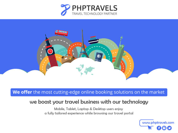 PHPTRAVELS travel booking software with flight, hotel, tour, and car booking modules.