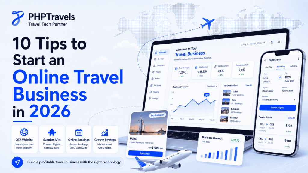PHPTravels promotional graphic showing “10 Tips to Start an Online Travel Business in 2026” with travel dashboard screens, flight search app, planes, and growth icons.