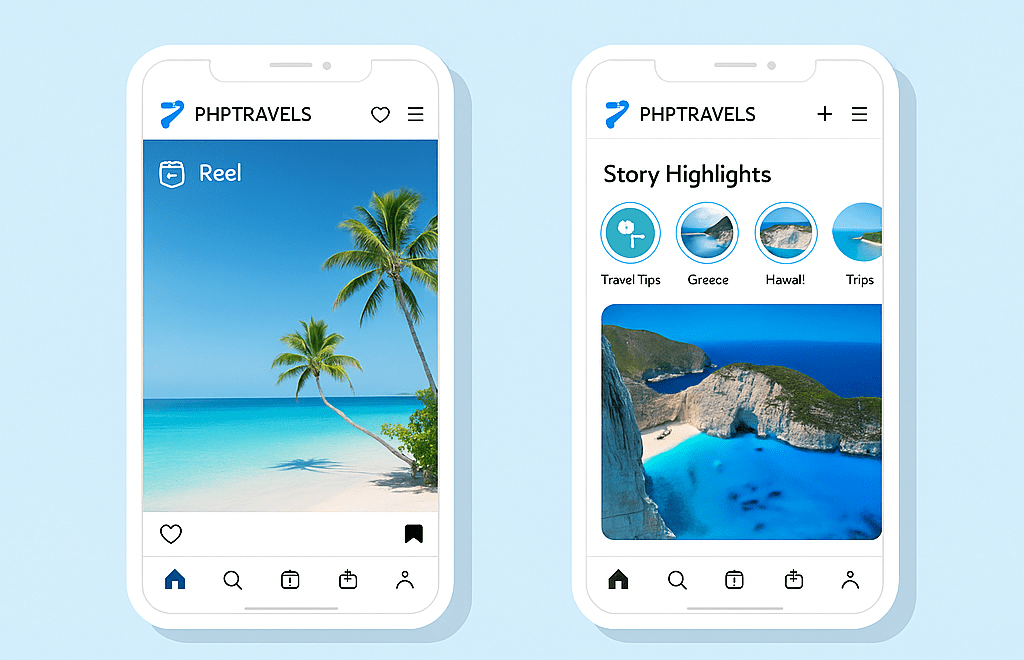 Mobile screens displaying reels, stories, and travel carousels on Instagram
