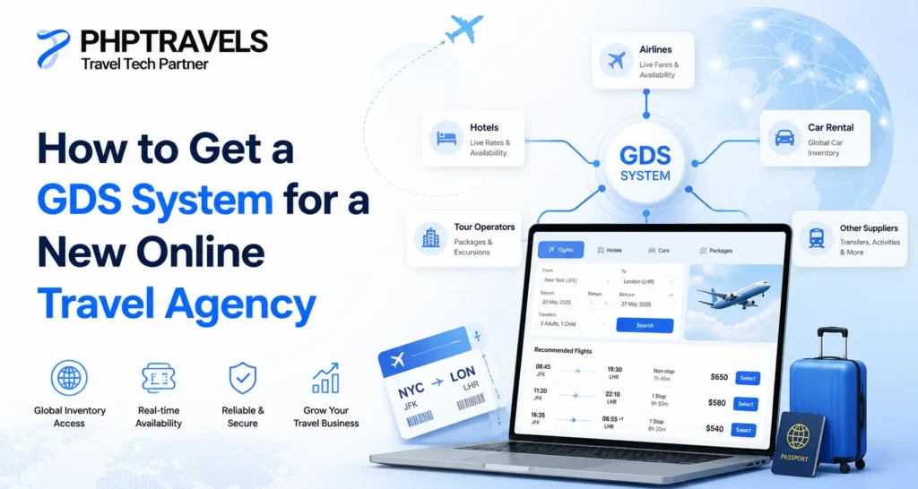 GDS system for a new online travel agency showing global travel inventory, real-time availability, flights, hotels, car rentals, tours and supplier connectivity.