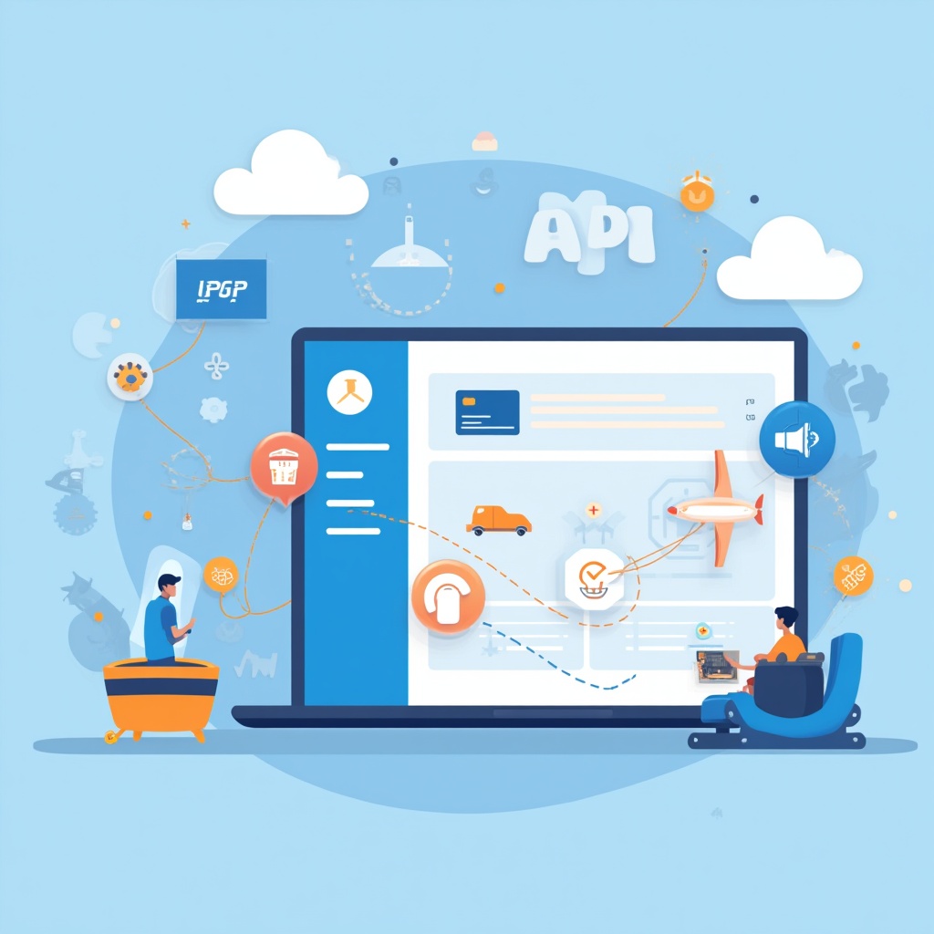 Futuristic digital illustration showing API integration in the travel industry, with a central API hub connecting to icons for flights, hotels, cars, and tours on a blue background.