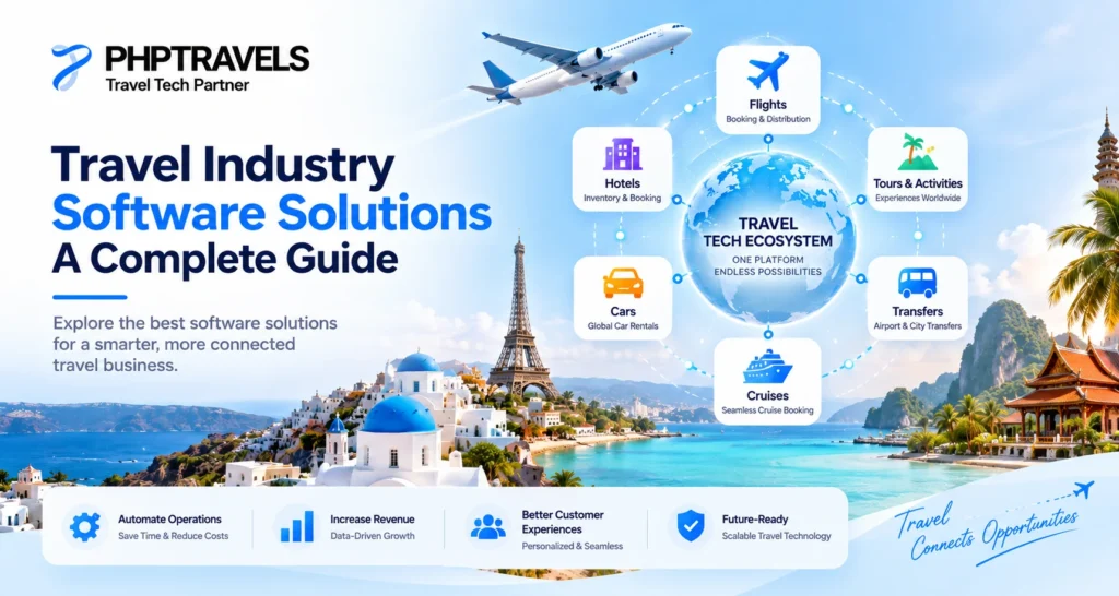 Travel industry software solutions showing flights, hotels, tours, cars, transfers, cruises and a connected travel technology ecosystem.