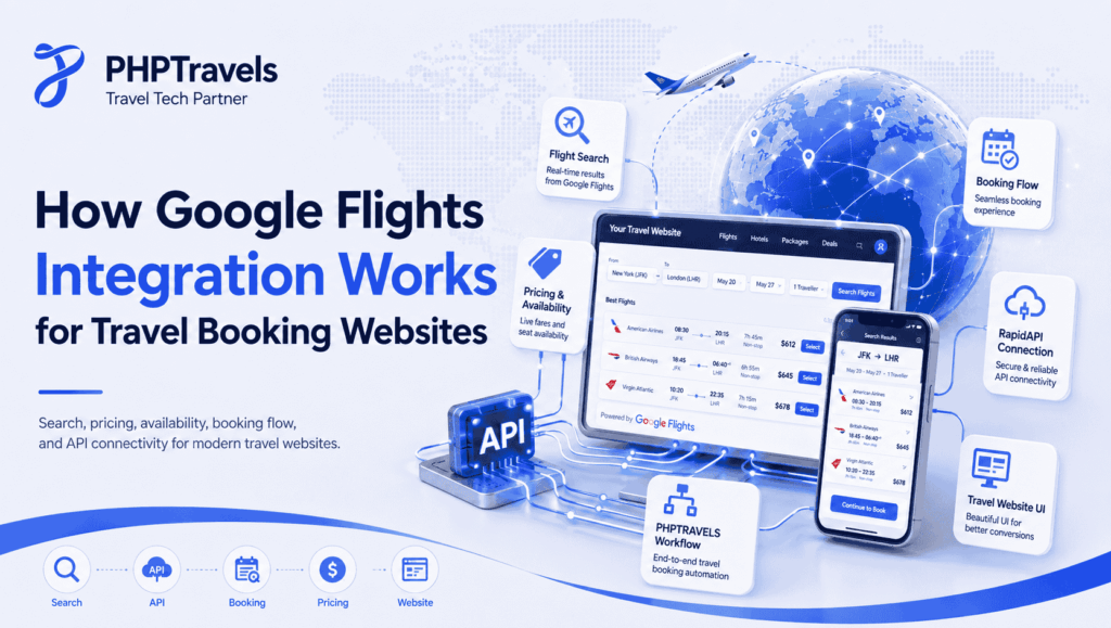 Google Flights integration workflow for travel booking websites using PHPTravels.