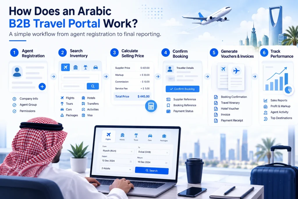 Steps by Steps guide Arabic B2B travel portal work process.