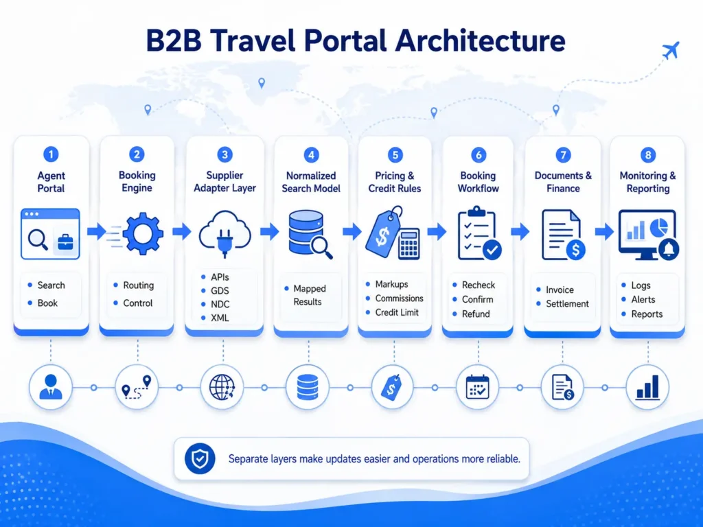 Working Flow for B2B Travel Portal Architecture.