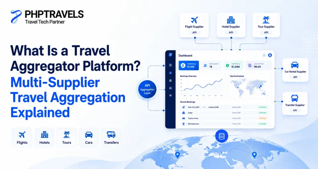 Travel aggregator platform connecting multiple suppliers for flights, hotels, tours, cars and transfers through a centralized travel inventory system.