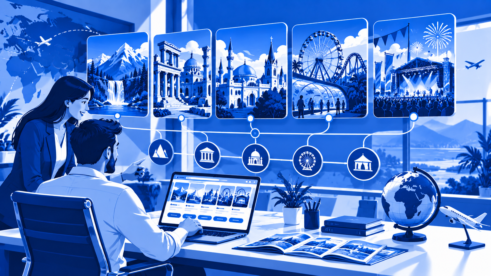 Travel agency catalog categorizing types of tourist attractions