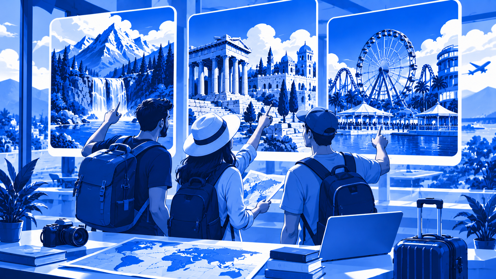 Different travellers choosing attraction cards that match their interests