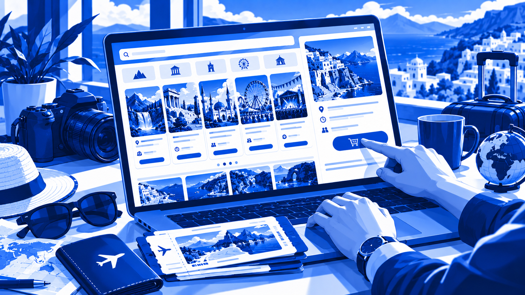 Laptop showing online booking catalog for tours and tourist attractions