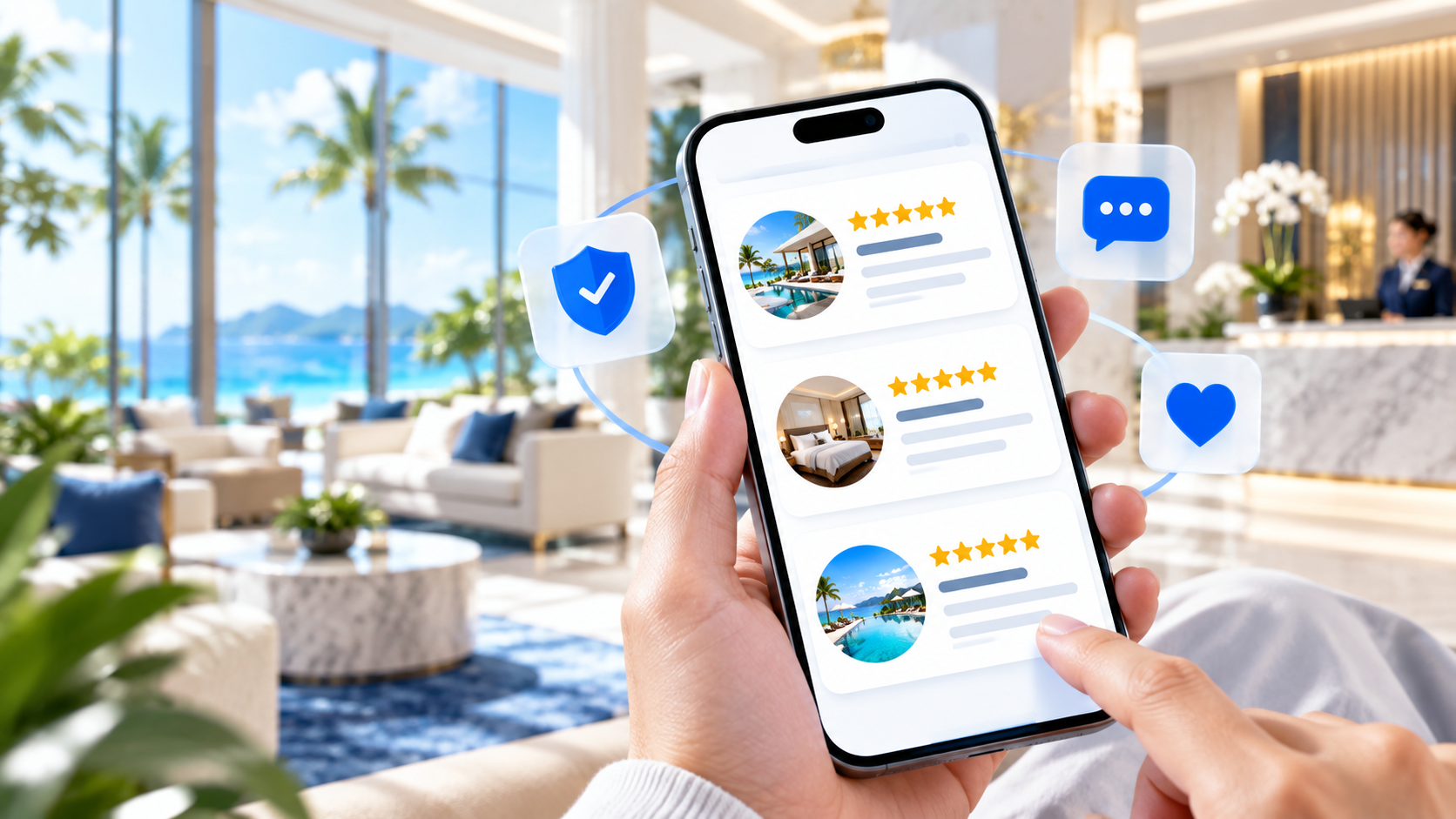 Traveler comparing hotel reviews and star ratings on a smartphone before booking