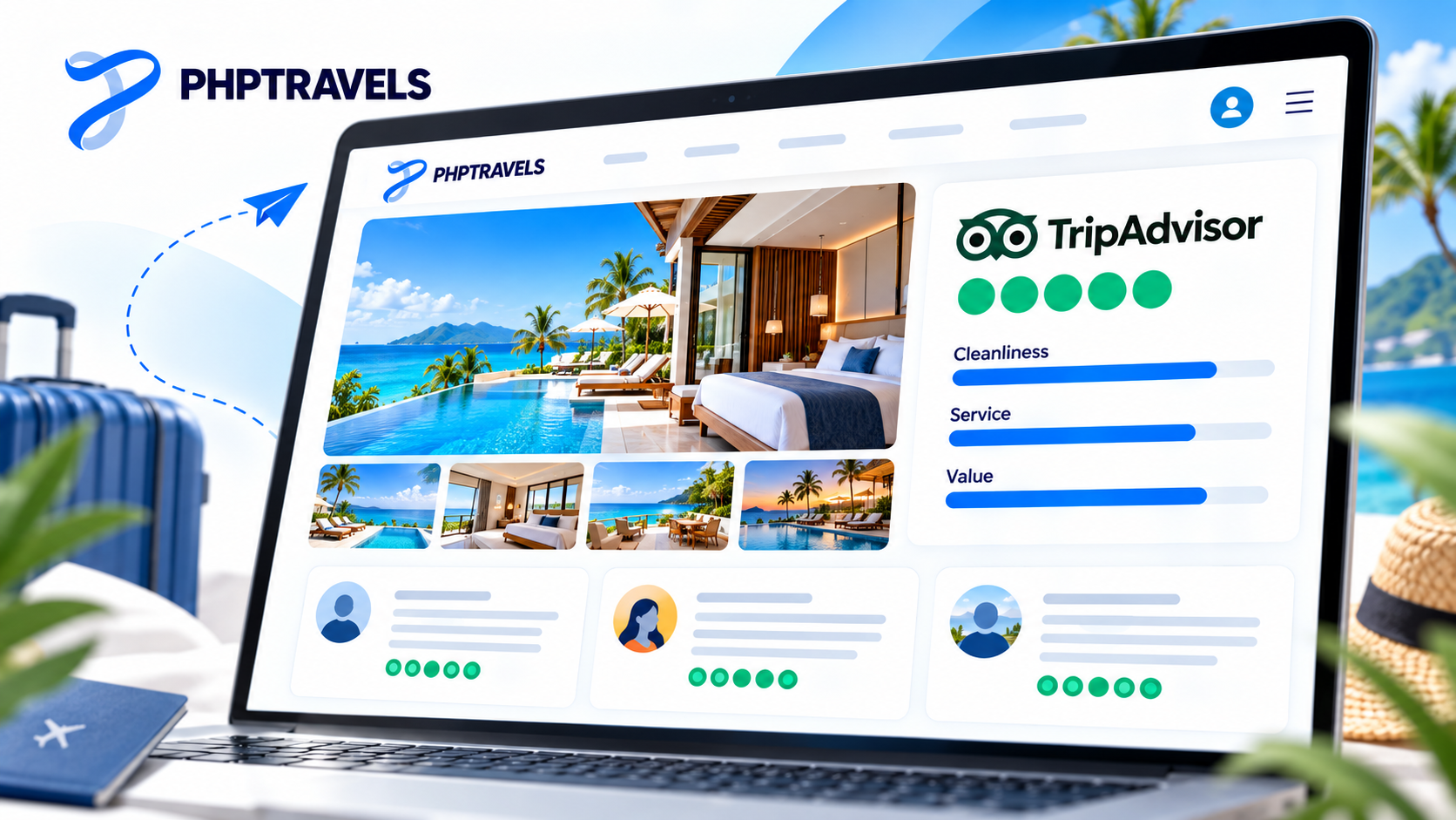 Close-up of a hotel detail page with TripAdvisor rating bubbles and recent guest review cards