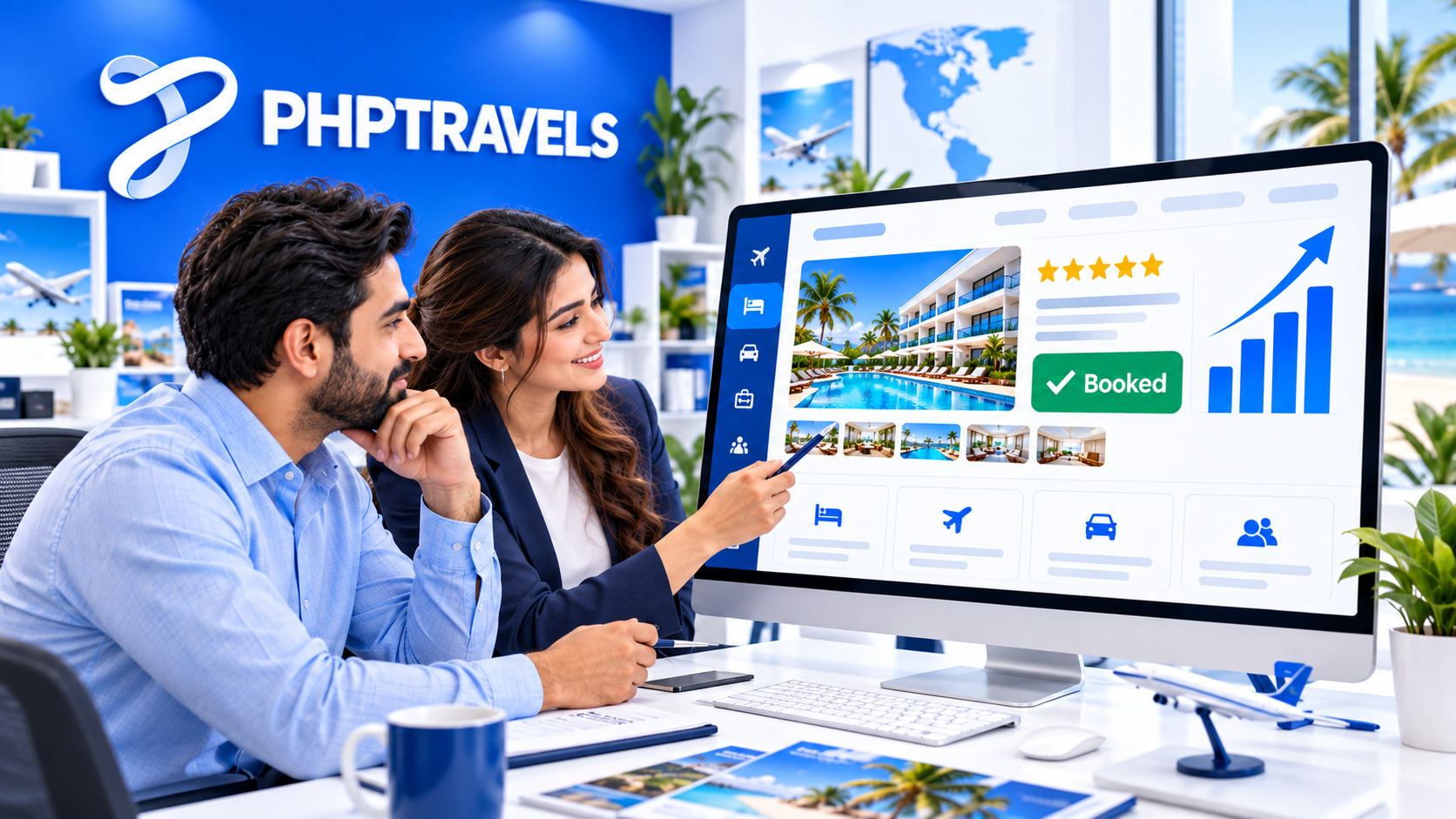 Travel agency team reviewing a hotel booking dashboard with review ratings and booking charts