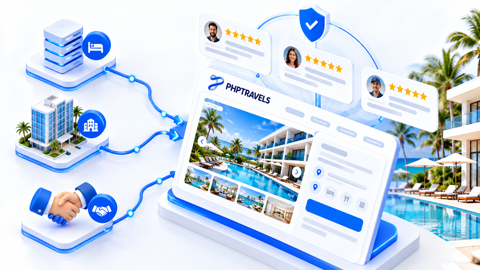 Diagram of a PHPTRAVELS hotel search combining bedbank suppliers and direct contracts into one hotel page with reviews