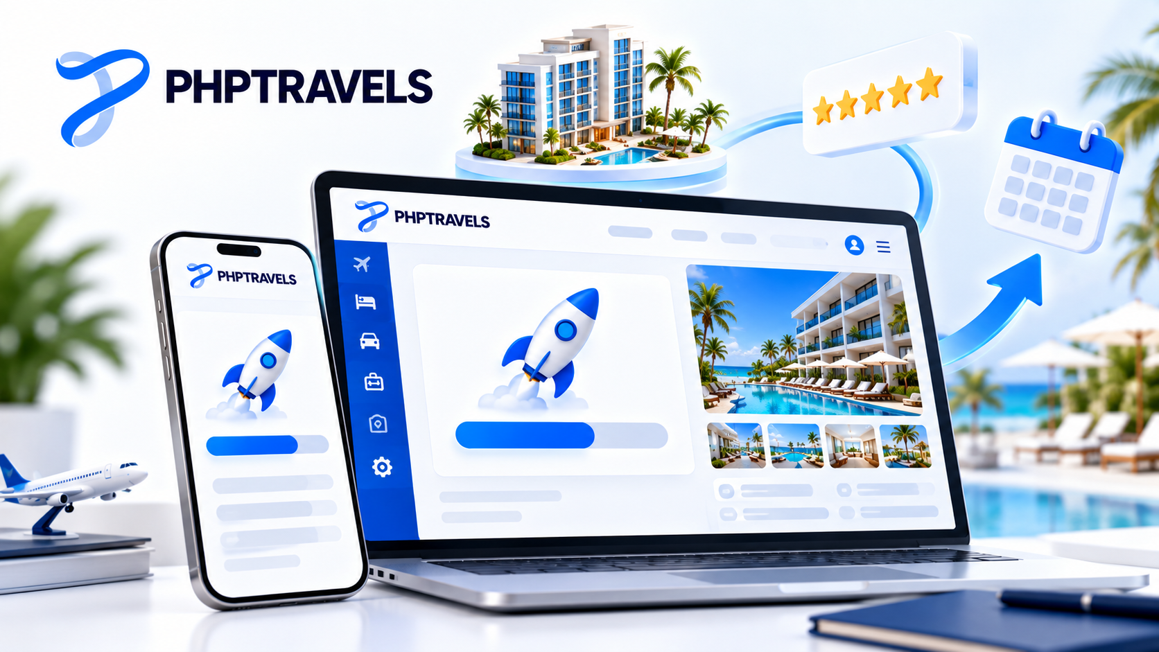 PHPTRAVELS software update notification on a laptop with hotel and review icons