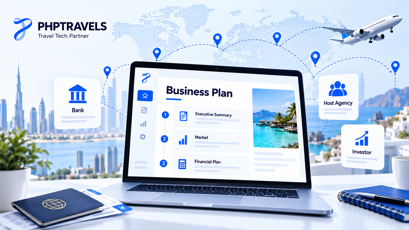 Laptop showing a travel agency business plan document with a table of contents, surrounded by bank, host agency and investor icons