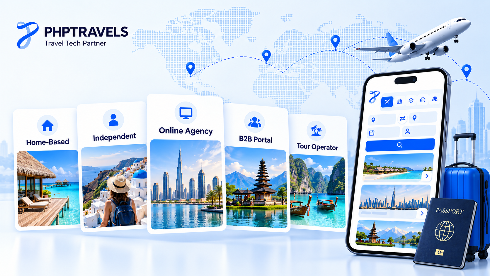 Five cards comparing home-based, independent, online agency, B2B portal and tour operator travel agency models