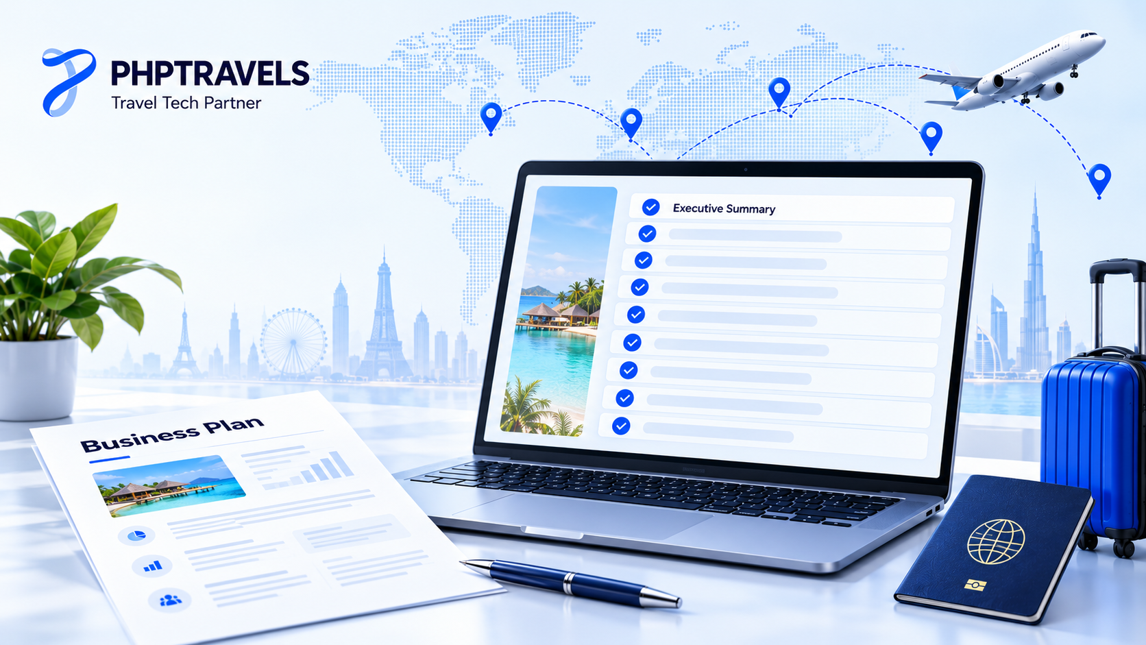 Tablet checklist of the 10 sections of a travel agency business plan, starting with the executive summary, beside a printed plan and pen