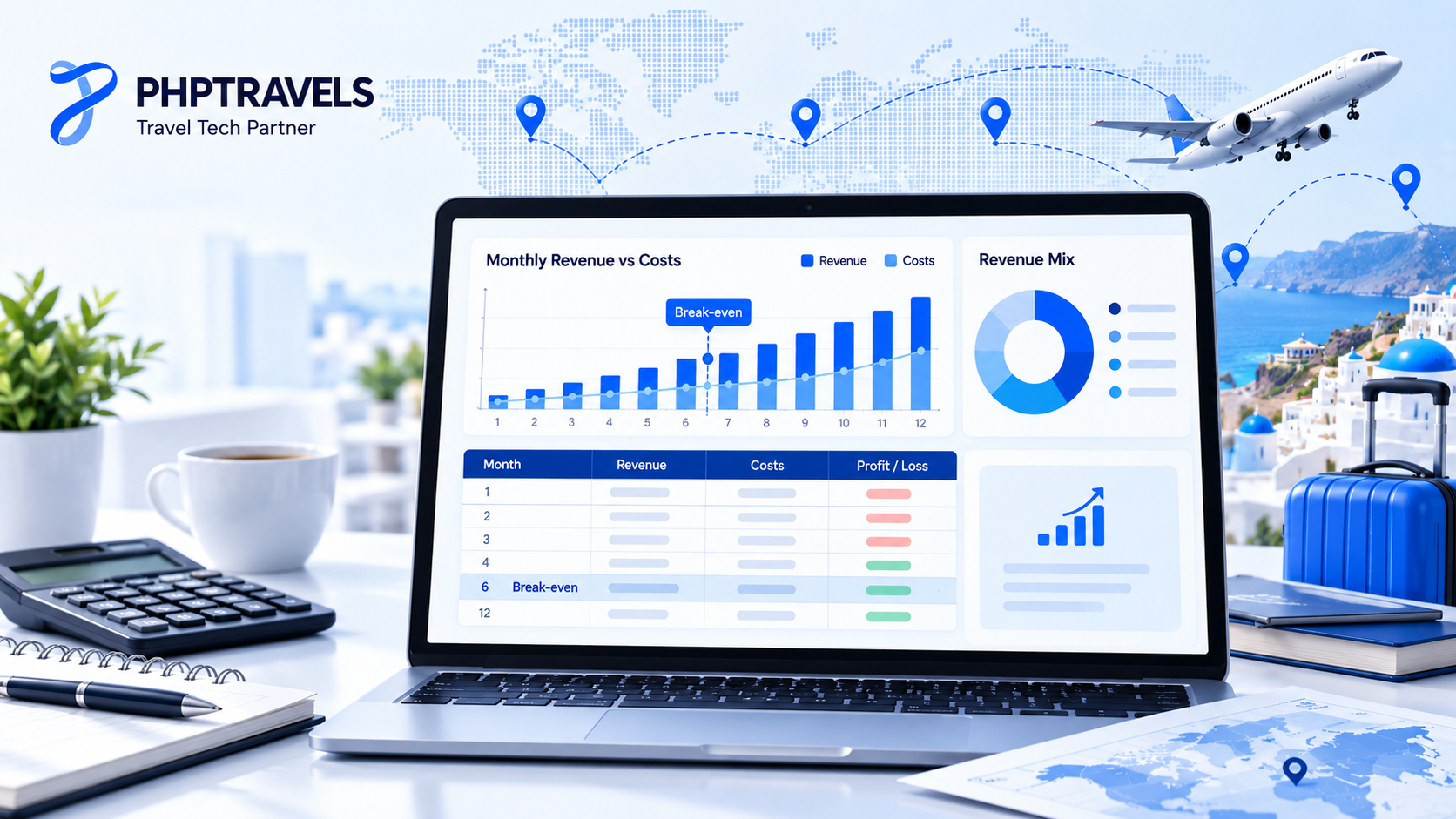 Travel agency financial projections dashboard with monthly revenue versus costs charts and a revenue mix donut chart