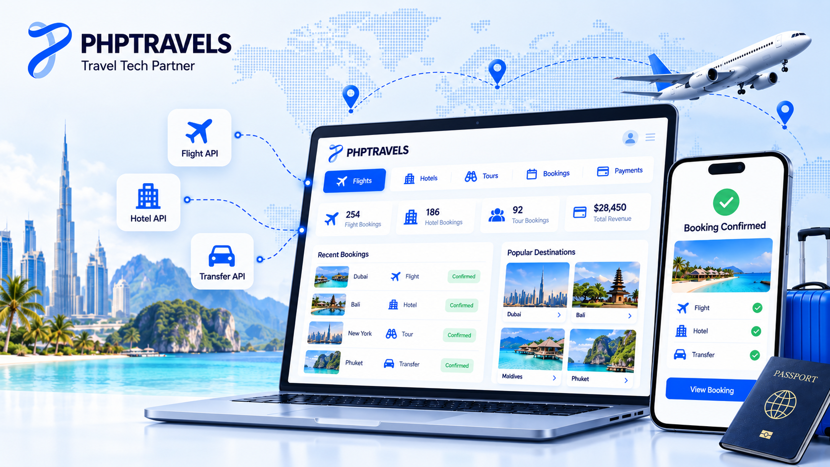 Travel back-office dashboard with flights, hotels, tours, bookings and payments tabs linked to supplier API cards