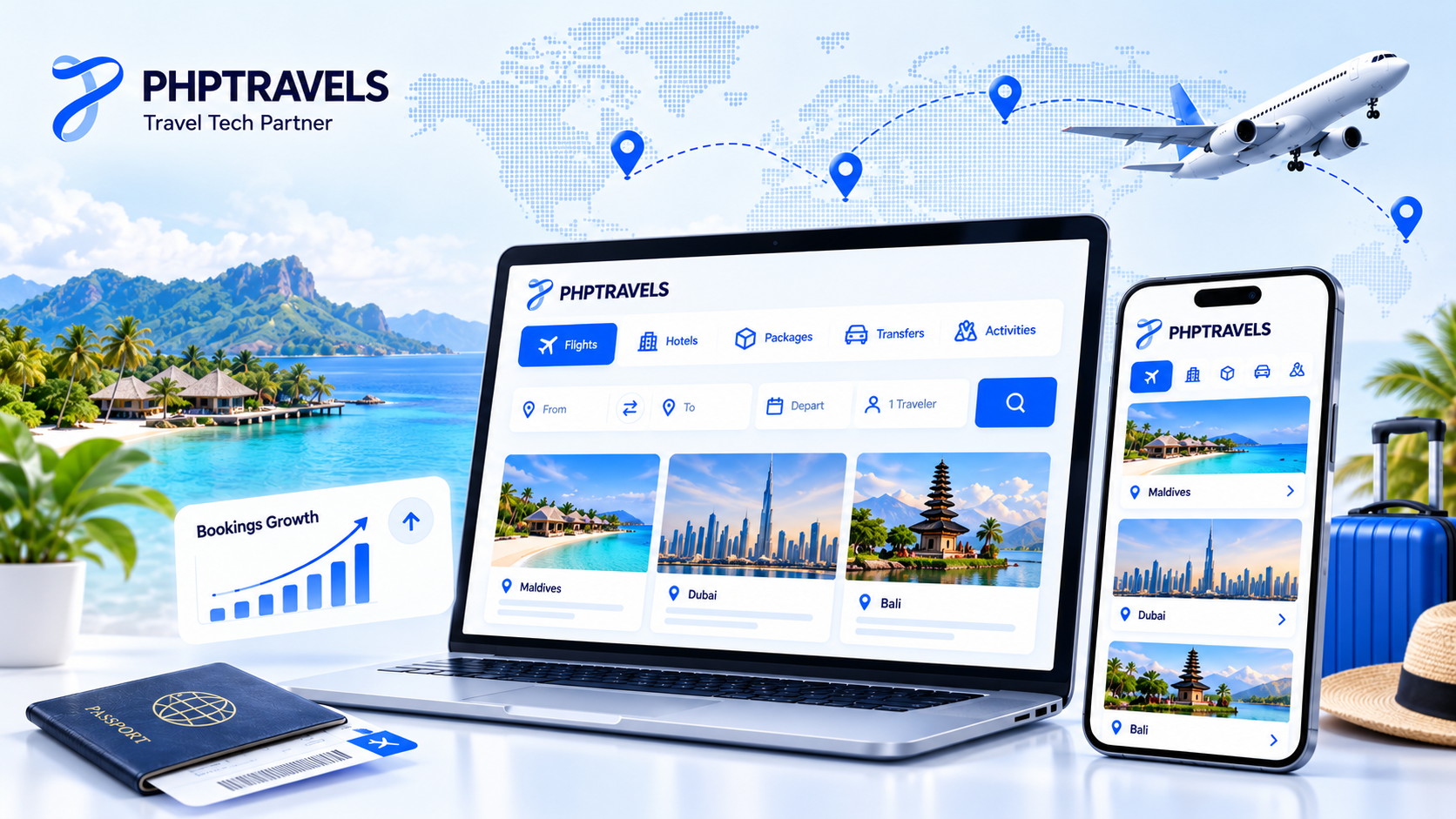 Laptop and phone showing a live travel booking website with destination cards and a bookings growth chart beside them