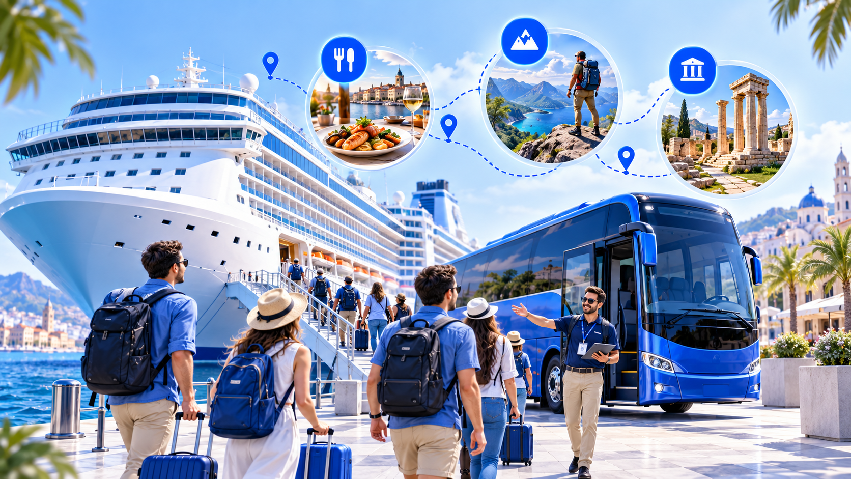 Cruise shore excursion port scene with themed tour icons