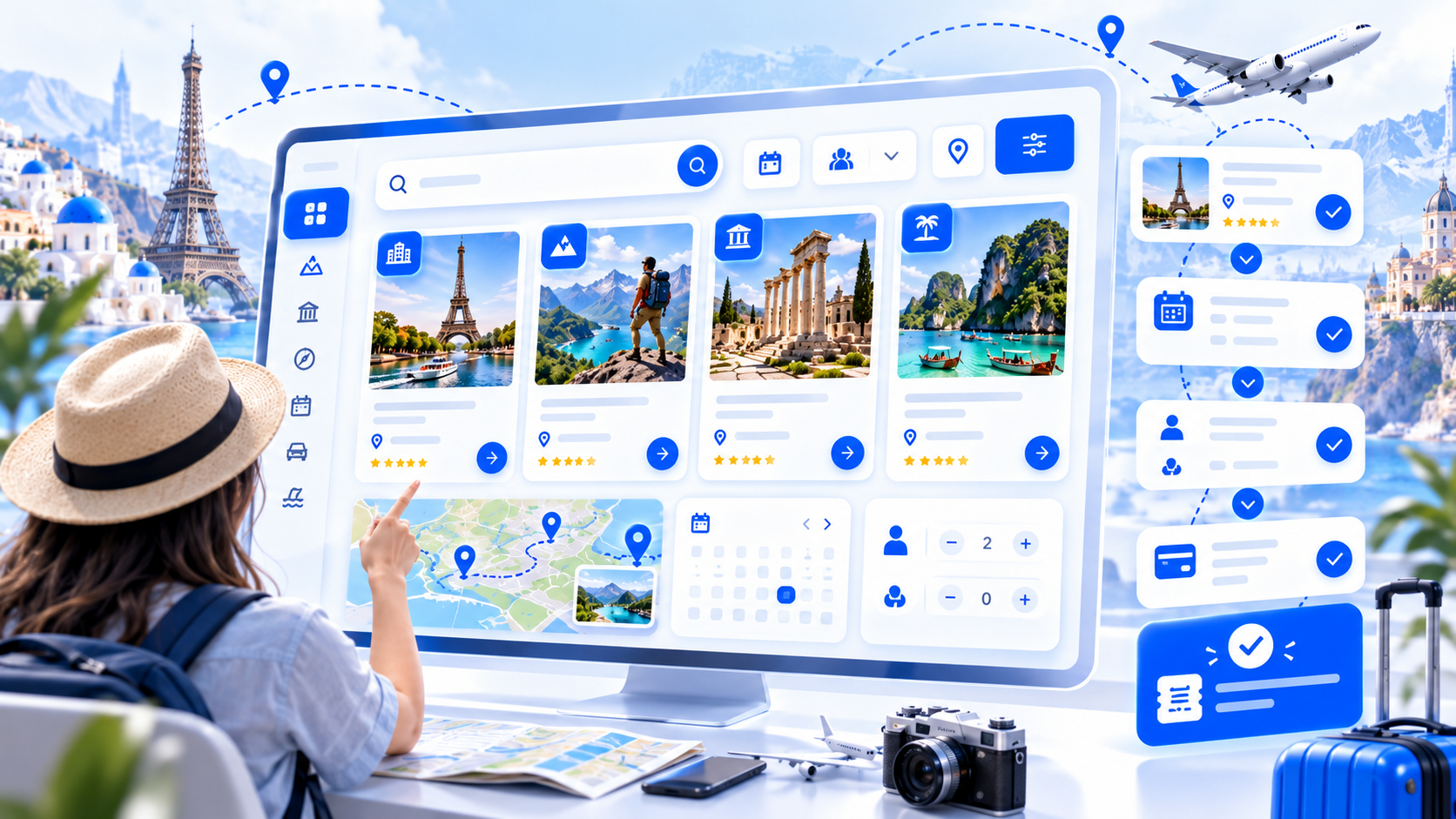 Travel booking software tours catalog dashboard in navy and white